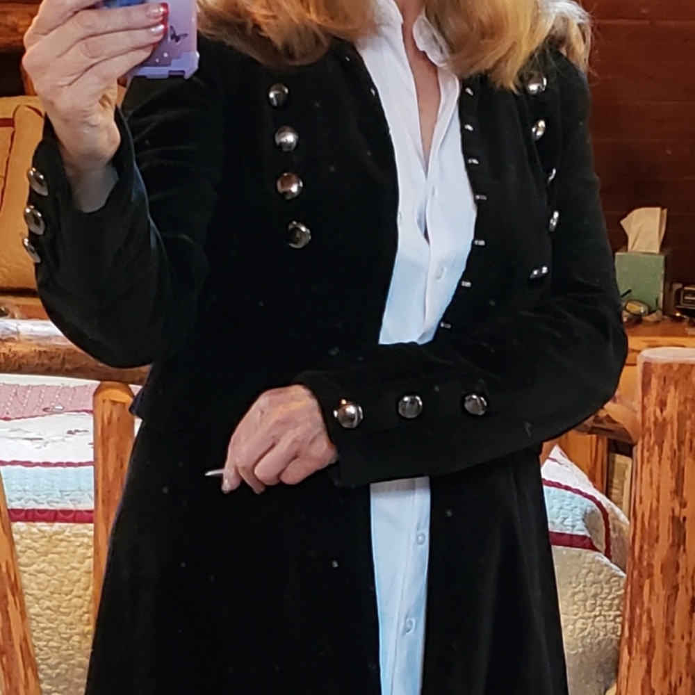 Black velvet knee length jacket EUC
